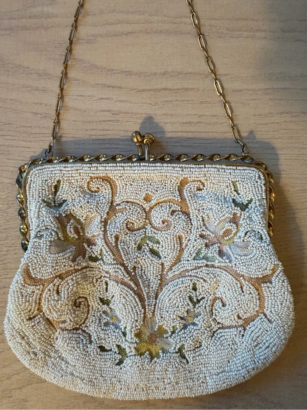 Vintage Longchamp Cream Beaded Floral Evening Clutch with Gold Chain